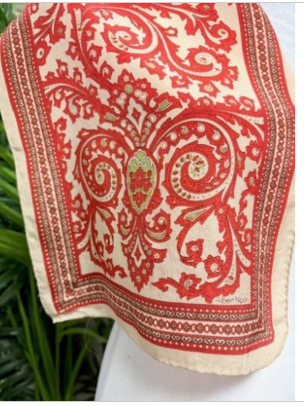 Albert Nipon Vintage Signed Red Cream Patterned Rectangular Silk Scarf